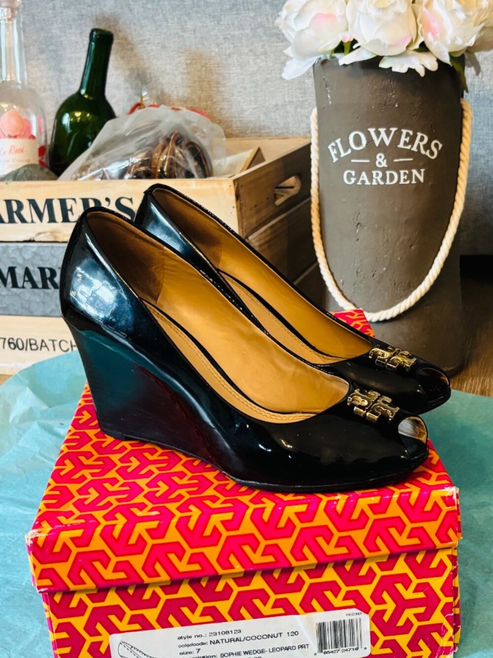 Tory Buch Patent Leather Peep Toe Jade Wedge